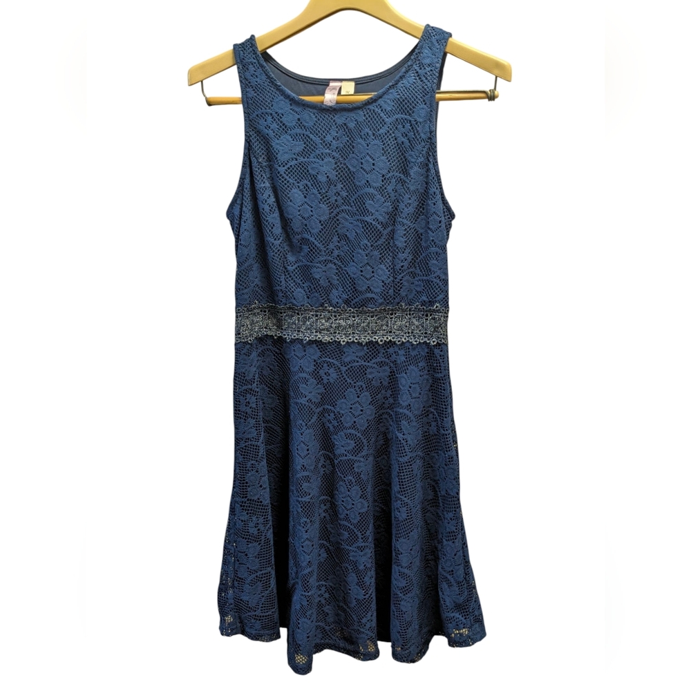 Alya Navy Blue A-Line Lace Midi Dress Embellished Waist- Size Medium